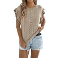 thumbnail image 2 of Women Cap Sleeve Tops Summer Crew Neck Shirt Crochet Knit Sweater Khaki S, 2 of 9