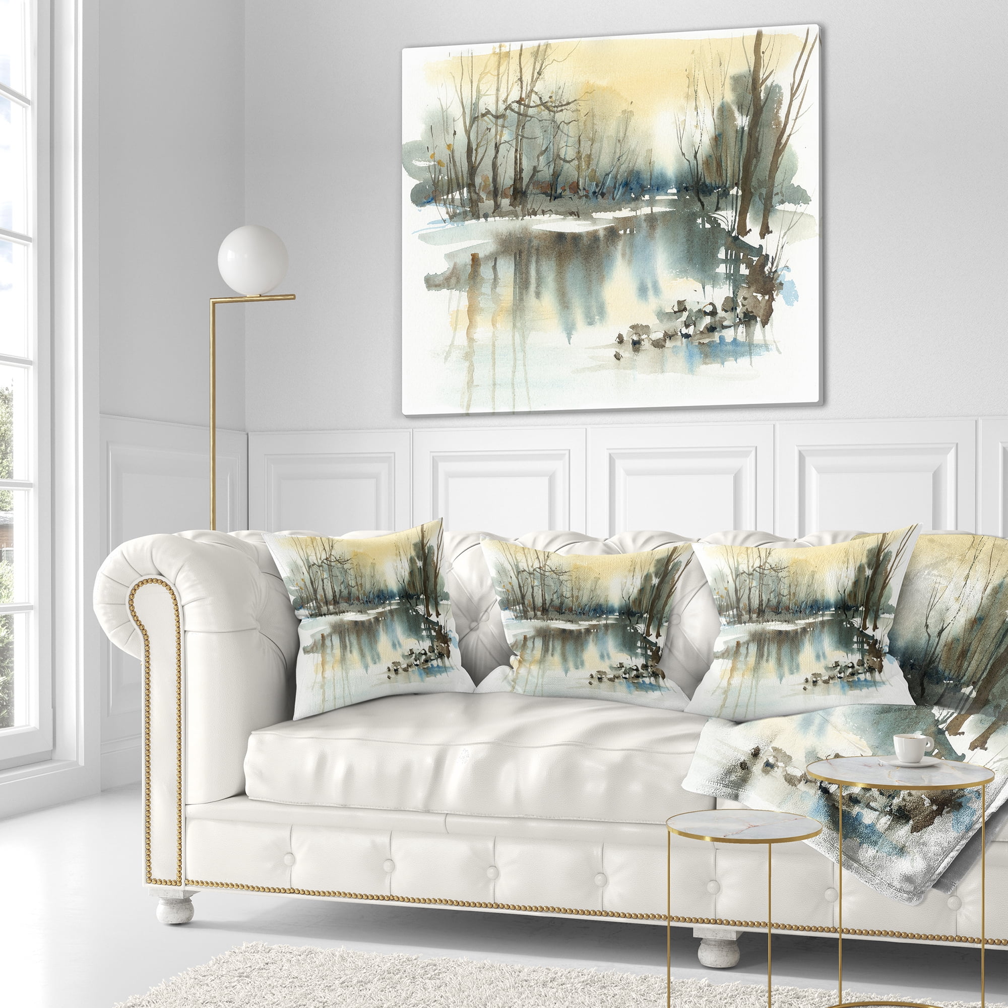 Designart River in Winter - Landscape Painting Throw Pillow - 16x16