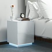 High Gloss LED Nightstand, w/2 Drawers Storage, LED End Table in Bedroom / Living Room