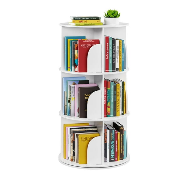 SpaceAid 3 Tier Rotating Bookshelf Tower Spinning Bookcase Lazy Susan Revolving 360 Book Shelf Storage Round Carousel Vertical Rotate Turning Spiral Corner Organizer White