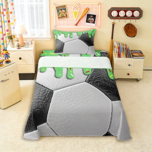 Erosebridal Sport Soccer Twin Sheet Sets 3pcs for Kids Boys,Teens Green Ice Cream Drip Bedding,Luxury Bedroom Decor