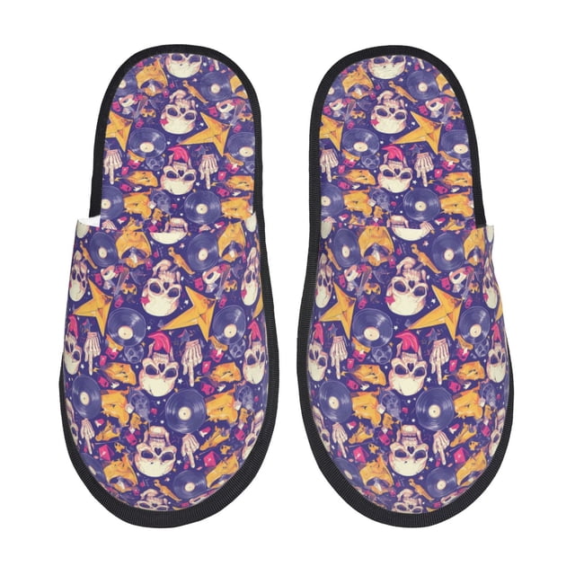 Balery rock Skull record Pantuflas de Casa de Felpa Silenciosas con Diseño Estampado, Zapatillas Cómodas Antideslizantes de Algodón para Interior-Medium