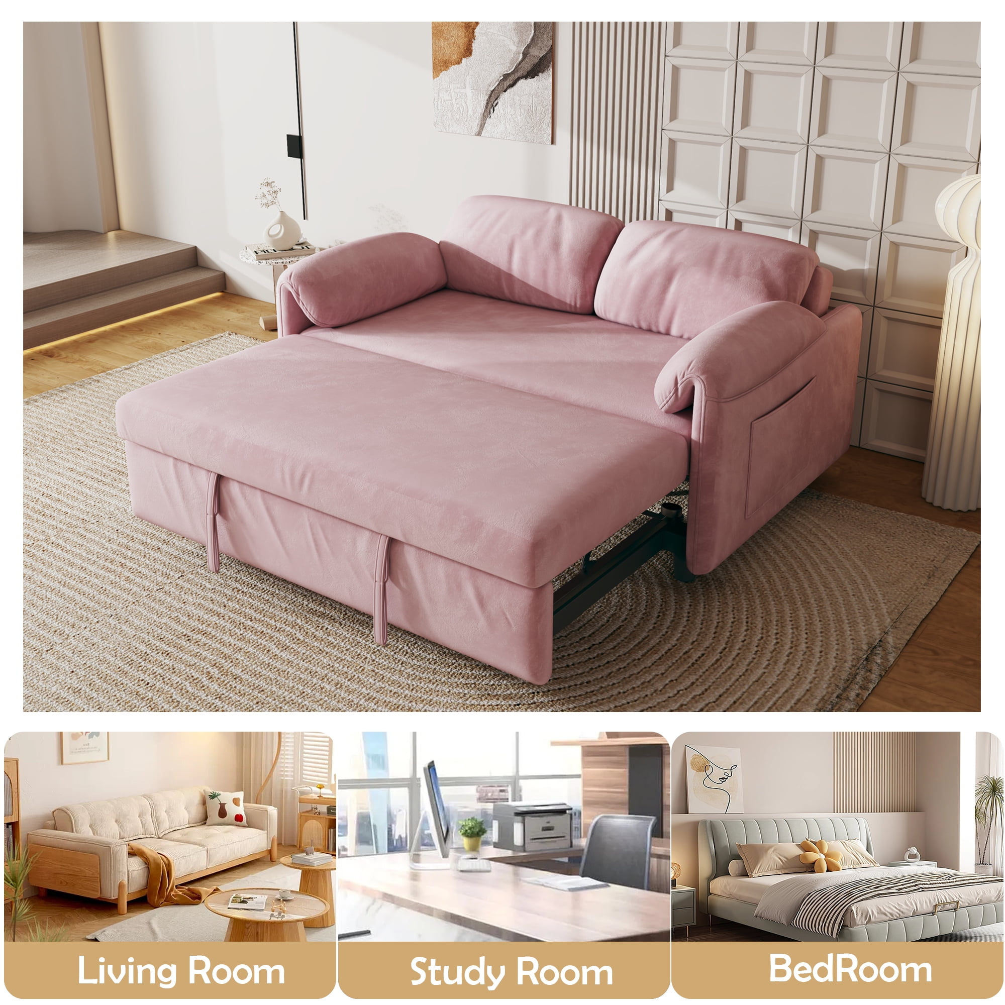54" Velvet Futon Sofa Bed Convertible Sleeper Sofa Bed Pull Out Sofa Bed With Adjustable Backrest for Living Room,Office,Pink