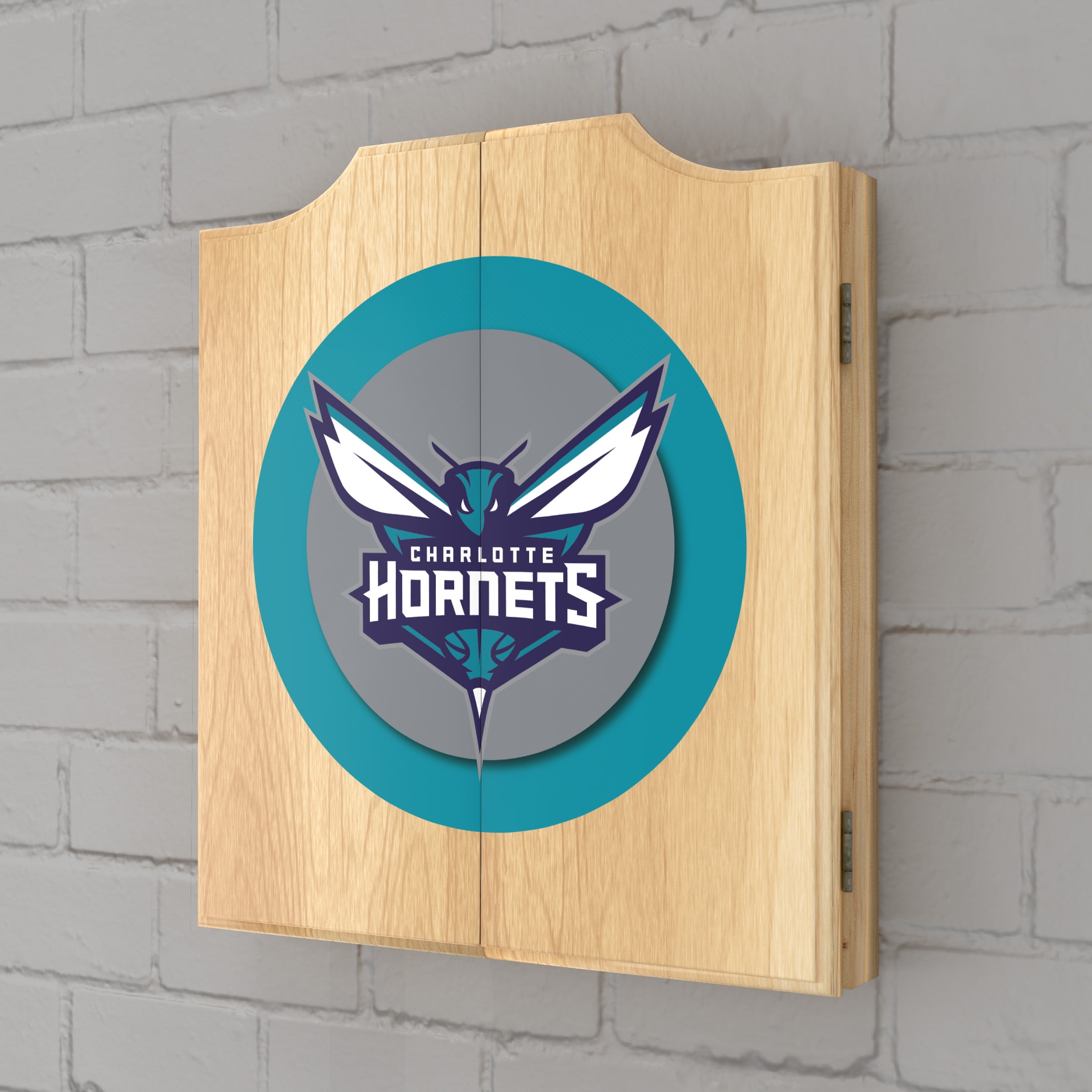 Charlotte Hornets Logo Dart Board Cabinet Set with 6 Steel Tip Darts