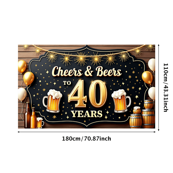 Retro Design Happy Birthday Banner Gold Accents 40th Birthday Cheers Beers Celebration for Adult Party Funny Events
