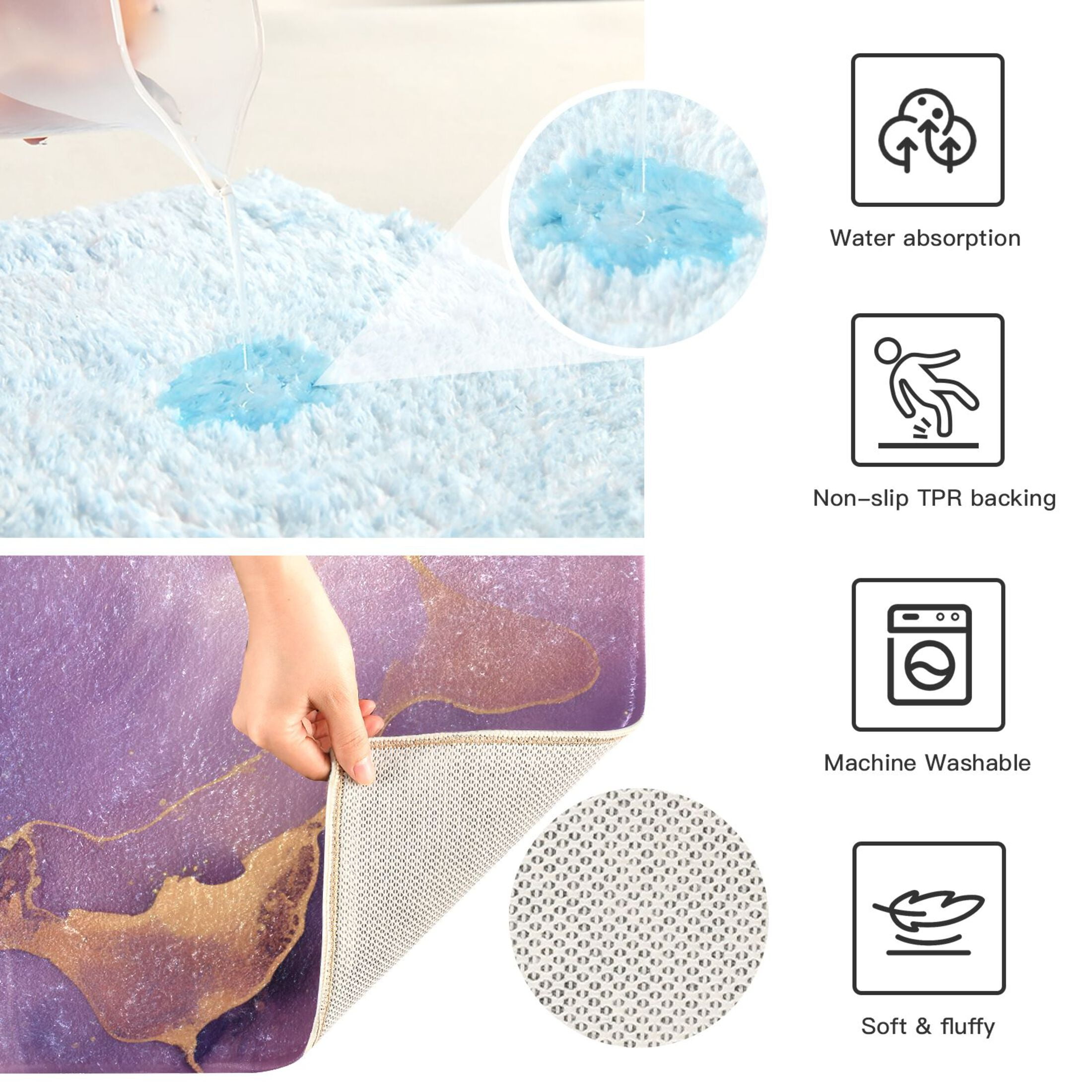 Toilet Rug Set Non-Slip Bathroom Rugs Soft Plush Machine Washable Contour Bath Mat Purple Lilac Marble 24x20/24x16