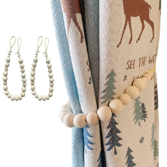 2pcs Set Curtain Tie Backs Natural Wood Bead Drape Tiebacks Window Treatment Farmhouse Garland, Boho Decor Accessories