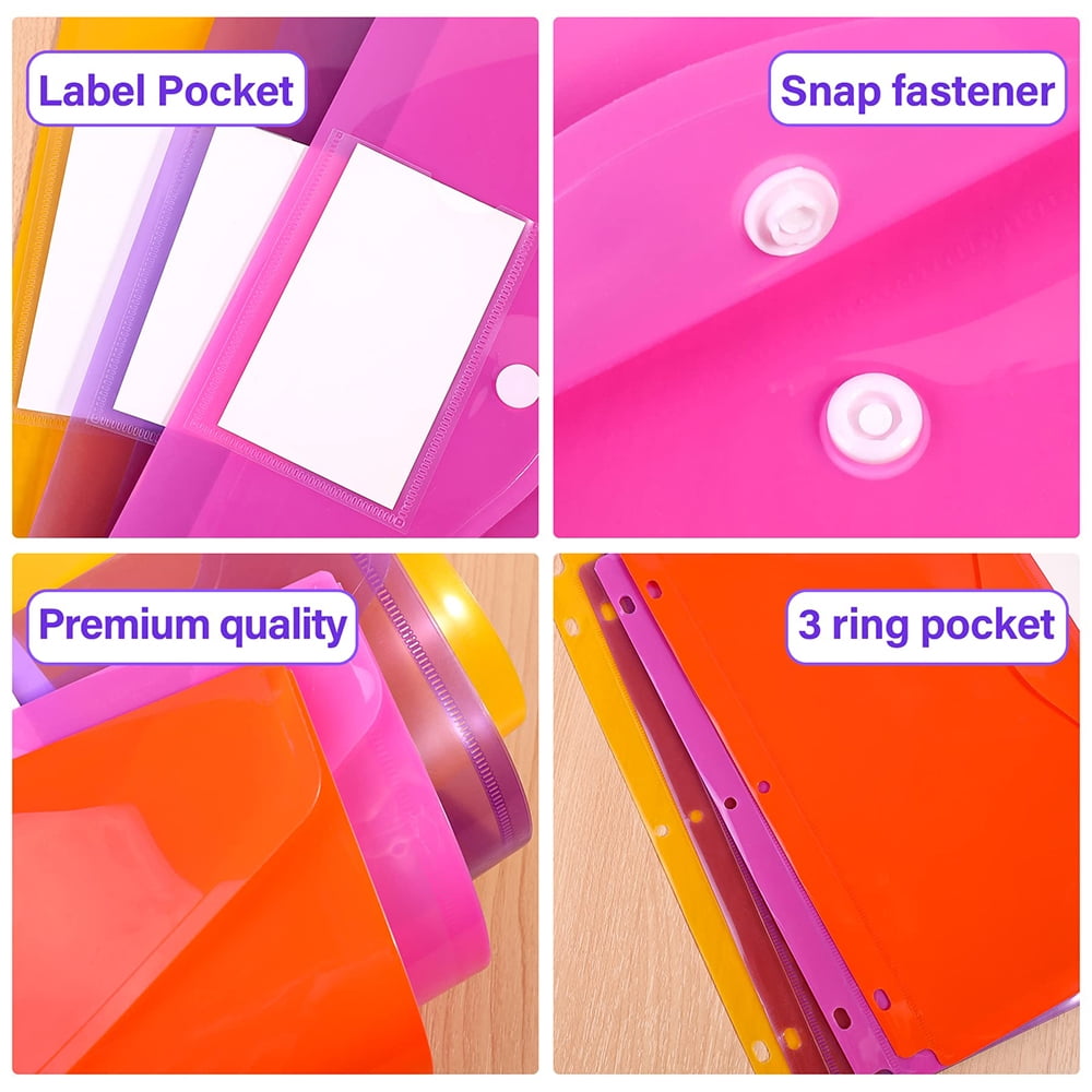 Binders, Plastic Poly Envelopes, Colorful Clear 3-Ring Binders, Letter Size, Snap Pockets with Labels, for School Home Office/20PCS