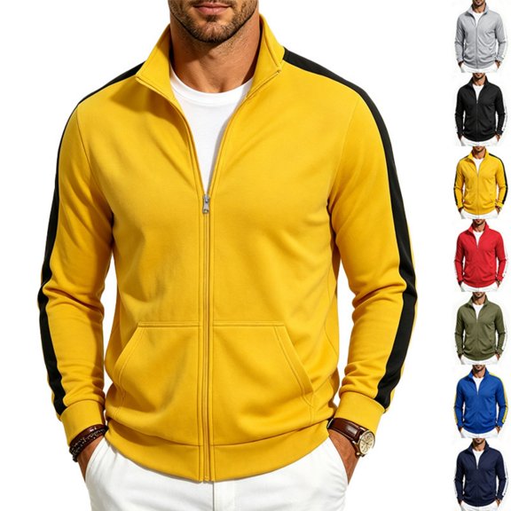 Men's Full Zip Track Jacket, Long Sleeve With Side Pockets, Regular Fit Contrast Sleeve Stripes, Spring Autumn Outerwear For Male