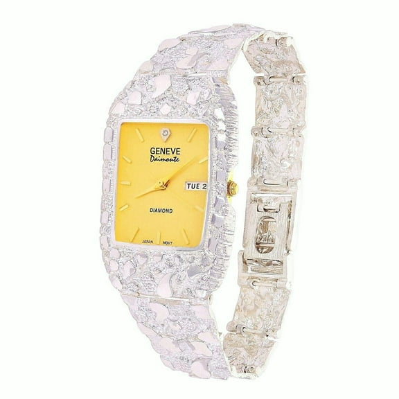Mens 925 Sterling Silver Nugget Wrist Watch Geneve Real Natural Diamond Watch 8.5-9 53 grams Womens Unisex