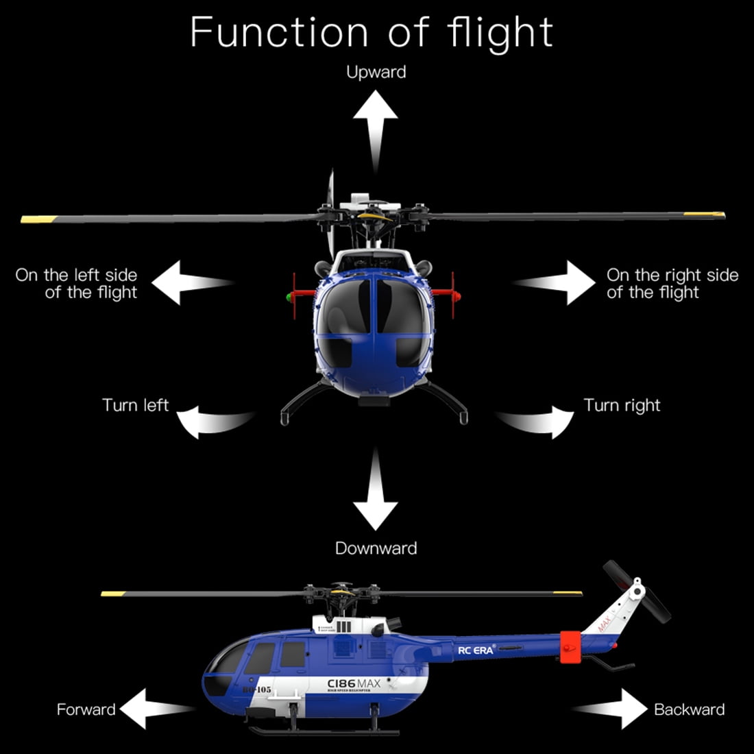 RC ERA C186MAX BO105 1:48 RC Helicopter, 2.4GHz 4CH Single Flybarless Direct-Drive 6-Axis Gyro Aircraft Toy with Optical Flow / Low Voltage Alarm -RTF Total Control for Adults