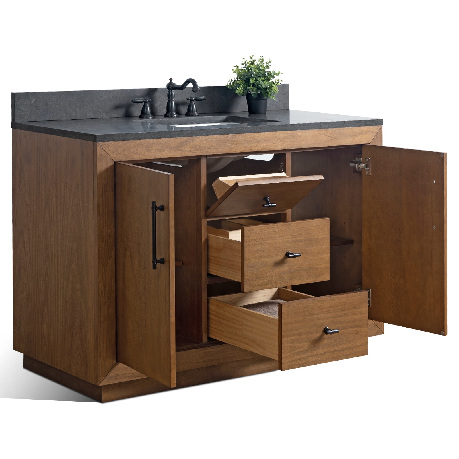Vanity Art 42" Single Bathroom Vanity with Sink, Freestanding Bath Storage Cabinet with Black Limestone Top