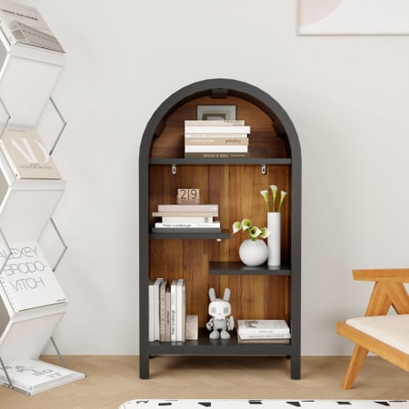 DRNANLIT Arched Top 4-Tier Industrial Shelf, Asymmetrical Metal Display Rack, Black