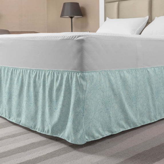 Turquoise Bed Skirt, Dahlia Flowers Bouquet Hand Drawn Style with Brush Strokes Effect Ornamental Art, Elastic Bedskirt Dust Ruffle Wrap Around for Bedding Decor, 4 Sizes, Pale Blue, by Ambesonne