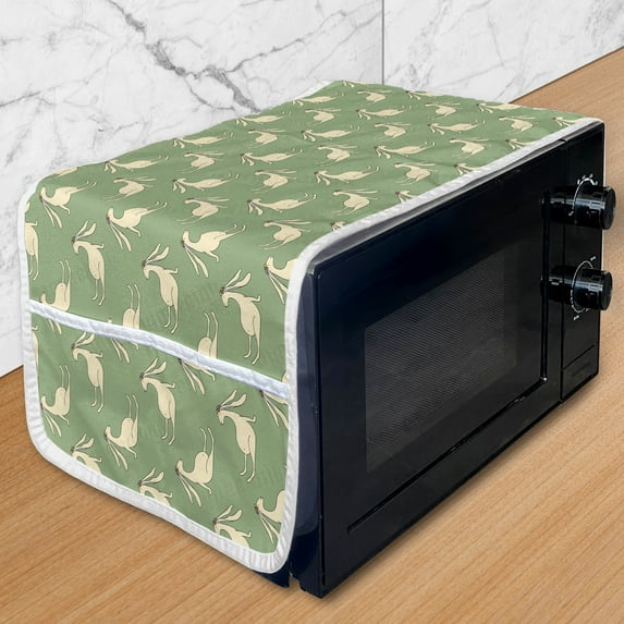 Hare Microwave Oven Cover, Funny Animals Jackrabbits with Floral Wreath Wildlife Mammals Exotic Savannah, Water Resistant Organizer with Pockets Kitchen, 36" x 12", Cream Reseda Green, by Ambesonne