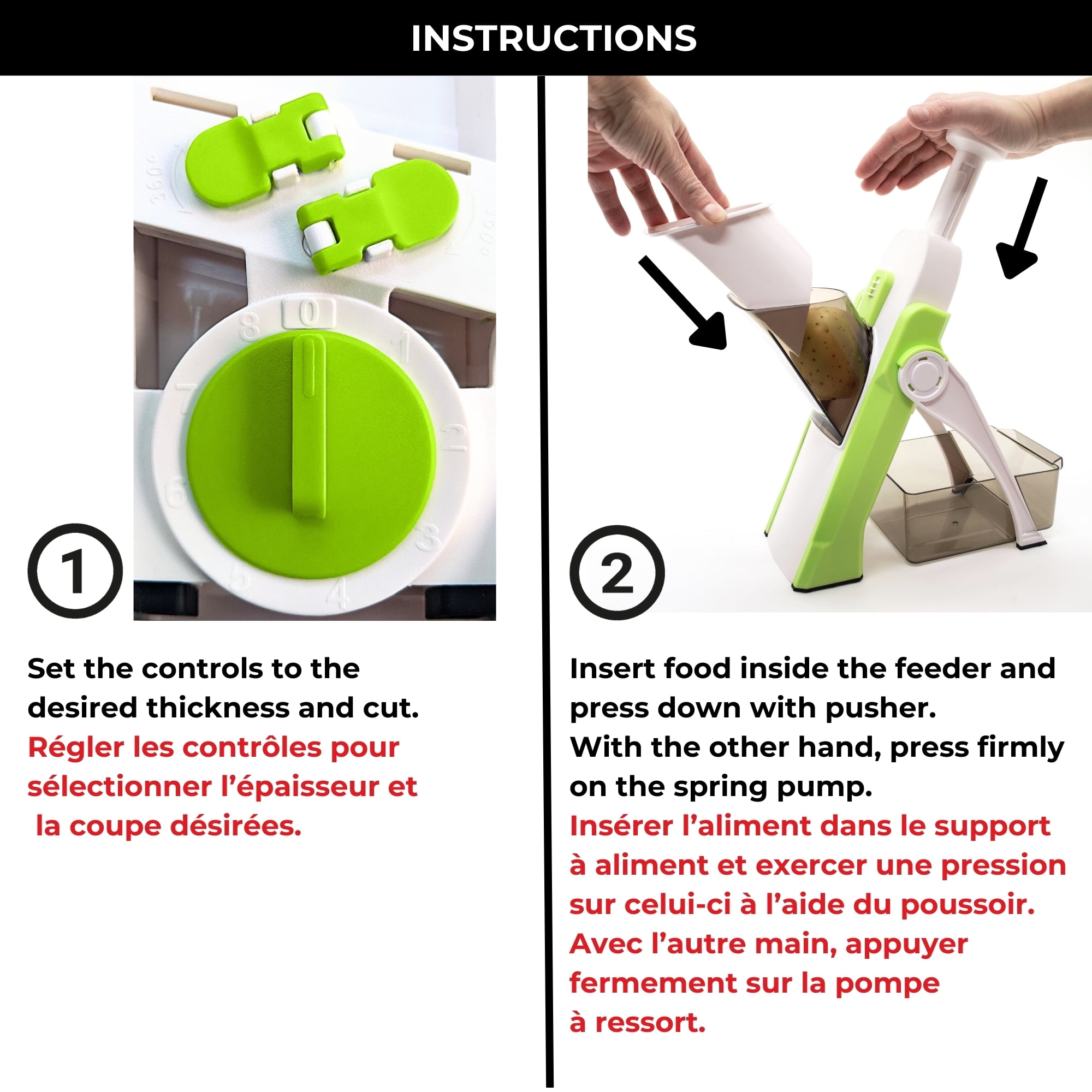Starfrit Pump'N'Slice, Mandoline Verticale, Coupe-Aliments, Trancheuse Sécuritaire, Lames Enfermées, Pompage À Une Main, Épaisseur Ajustable, Se Plie Pour Rangement, Outil De Nettoyage Inclus Le trancheur Pump-N-Slice de Starfrit coupe rapidement fruits et légumes avec une pompe facile. Lames ajustables en acier inox de 0,5 à 8 mm. Lames sécurisées, design compact avec pieds pliables, et pièces lavables au lave-vaisselle pour une préparation rapide et un nettoyage facile.