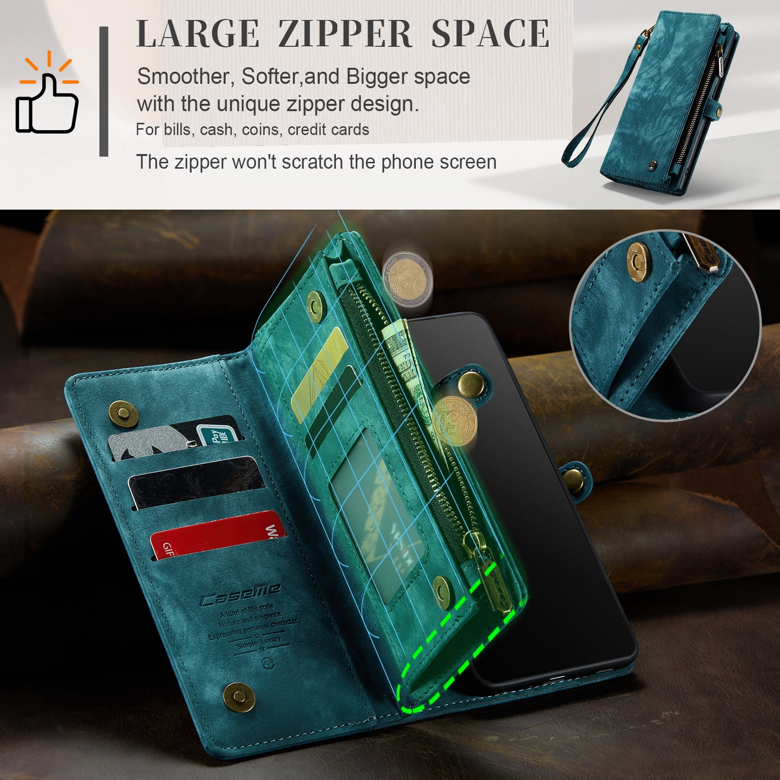 Feishell Durable 2- In-1 Magnetic Detachable Wallet Case for Samsung Galaxy A52 4G/5G,for Women Men,Premium PU Leather Zipper Pocket Flip Multi Card Slots Purse Phone Case with Wrist Strap,Green