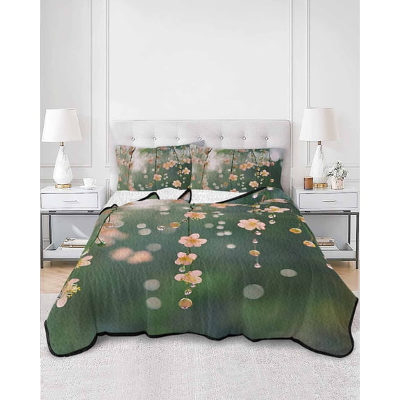 Quilts Twin XL Size, Pink Spring Flowers Soft Comforter Bedding Set for Bed, Botanical Summer Floral Farmhouse Lightweight Quilted Bedspread with Pillow Cover(2 Pieces) for All Season, 68x98 Inch