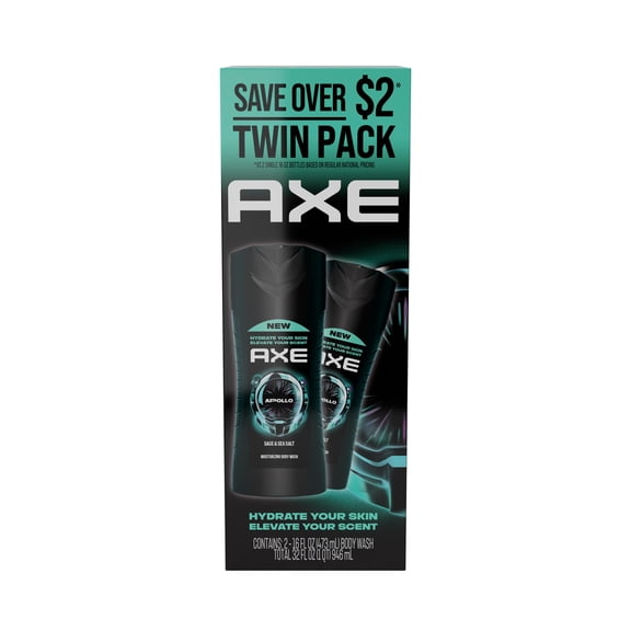 AXE Body Wash for Long Lasting Freshness Apollo Sage & Cedarwood Men's Body Wash with Odor-Busting Prebiotics, 16 Fl oz Twin Pack