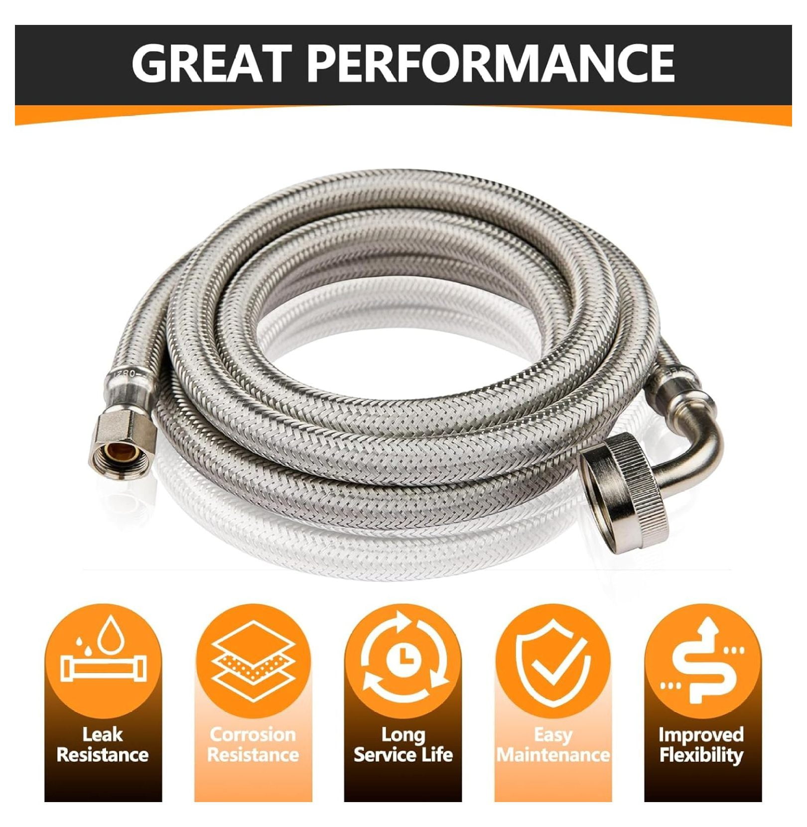 5-Pack 10 Feet Stainless Steel Dishwasher Hose with 90 Degree FGH Elbow, 3/8" Comp x 3/4・FHT Water Supply Line (10 Ft)(HOSE061-5)
