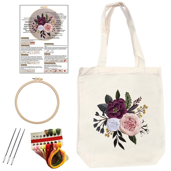 Sewing Kits Top Handle Bag Embroidery Kits with Flower Pattern Handmade Canvas Bag Embroidery Starter Kits for Woman