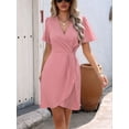 thumbnail image 5 of Womens Summer Short Sleeve Casual Dresses V Neck Vacation Sundress Faux Wrap Midi Dress Pink XXL, 5 of 9