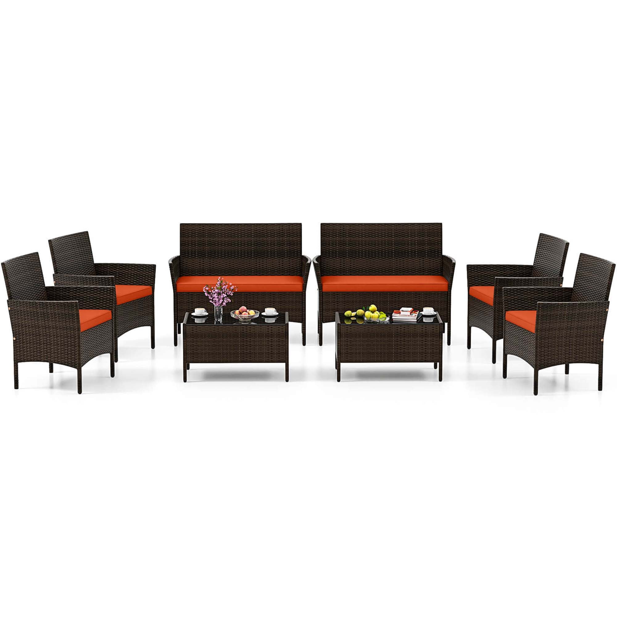 Costway 8 PCS Patio Furniture Set with Washable Cushions and Tempered Glass Coffee Table Orange
