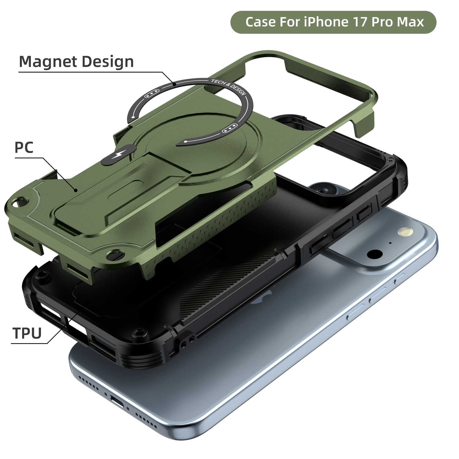 Shockproof MagSafe Stand Case for iPhone 17 Pro - Army Green