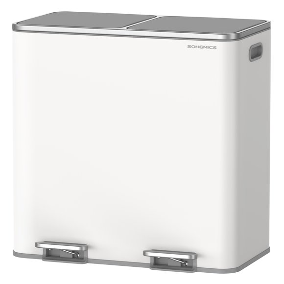 SONGMICS Trash Can, 2 x 10.6 Gallon (2 x 40 L) Garbage Can for Kitchen, with 15 Trash Bags, 2 Compartments, Plastic Inner Buckets and Hinged Lids, Airtight, White and Gray