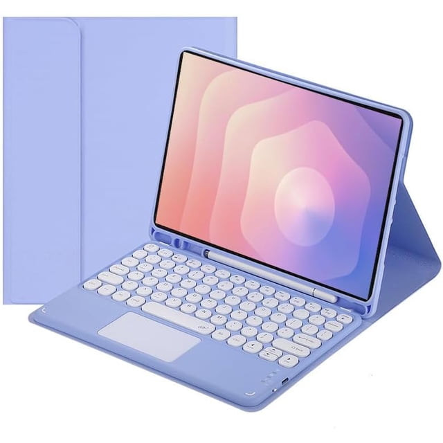funda con teclado táctil para samsung galaxy tab s11 (11 pulgadas) modelo 2025 (sm-x730/sm-x736b), con portalápices - teclado bluetooth táctil magnéticamente desmontable funda morada en vista 3/4 con tablet en modo atril; teclado Bluetooth desmontable con teclas redondas blancas y panel táctil integrado, soporte para lápiz en la base, carcasa trasera TPU antideslizante y cierre magnético que permite varios ángulos, adecuada para convertir la Tab S11 en un portátil y mantener el lápiz a mano.