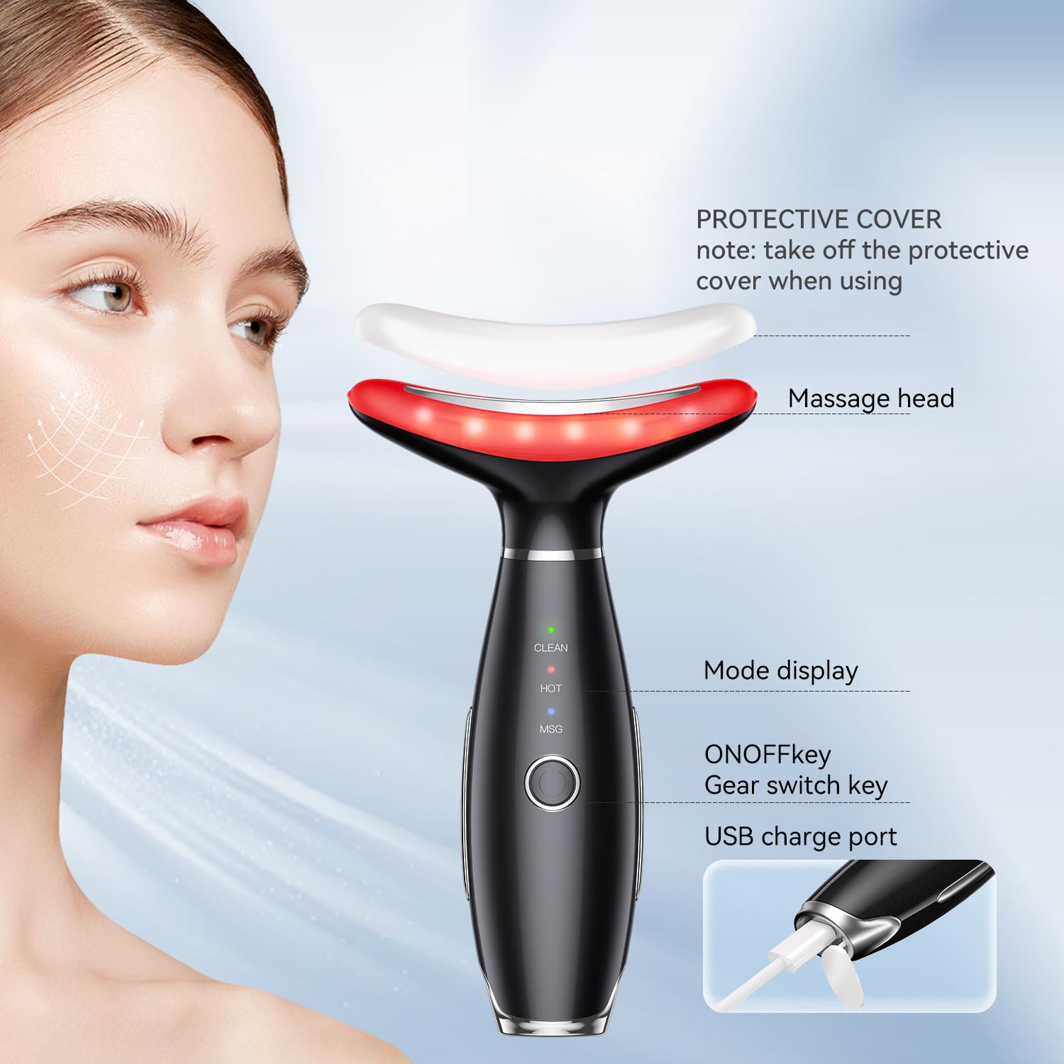 Balomy Face and Neck Massager Light Therapy, 3 Colour Modes and Vibration Facial Massager, Face Sculpting Tool for Double Chin and Skin Care (Black)