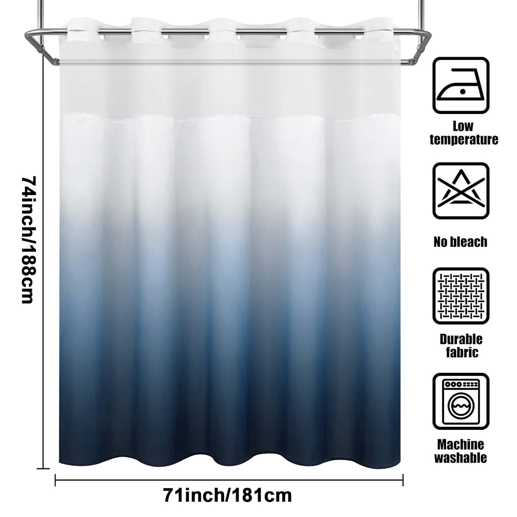 Ikfashoni Hookless Ombre Shower Curtain with Snap in Liner, Navy Gradient No Hook Waterproof Bath Curtain, 71"X74"