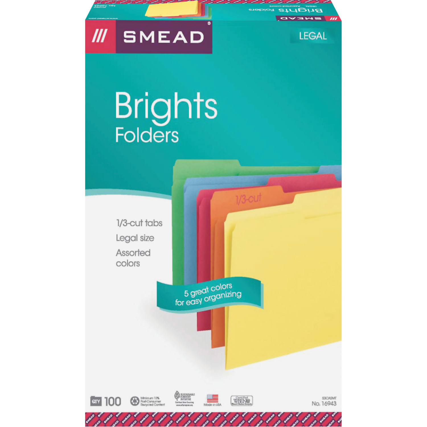 Smead File Folder, 1/3-Cut Tab, Legal Size, Assorted Colors, 100 per ...