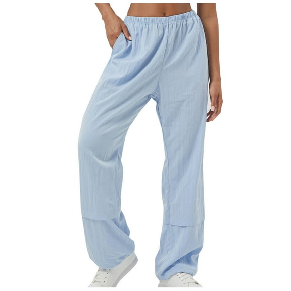 miqiqism Women Wide Leg Pants Trendy High Waist Trousers Loose Solid Cargo Pant Womens Soft Cinch Pants with Pockets Athletic Workout Joggers,Sky Blue,X-Large