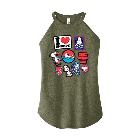 Peanuts - I Heart Snoopy Patches - Juniors High Neck Tank Top