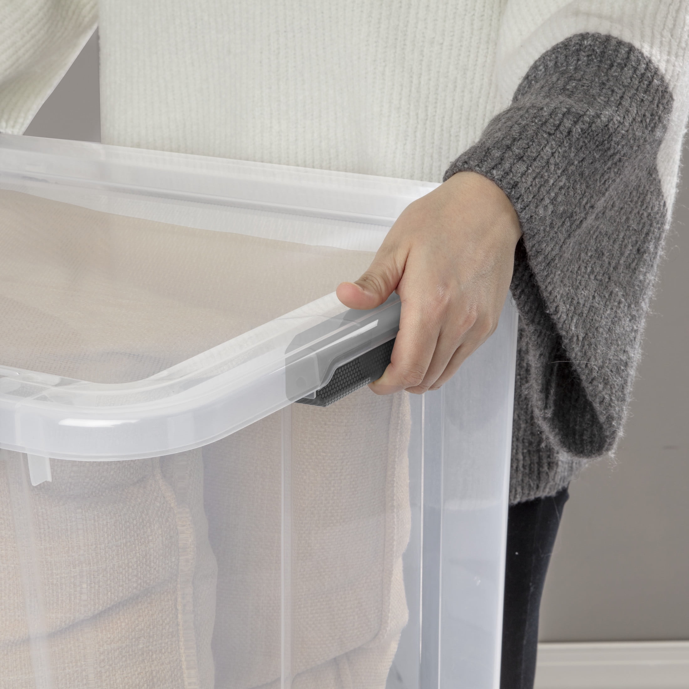 Sterilite 80 Quart HingeLID Clear Storage Bin with Latch Lid and Comfort Grip, Dark Gray, 4 Pack