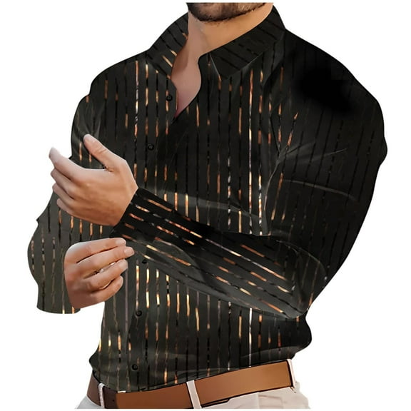 USNSM Men's Dress Shirt Urban Stylish Hot-Stamping Striped Slim Fit Tops Turndown Collar Button up Long Sleeve Shirt Black L