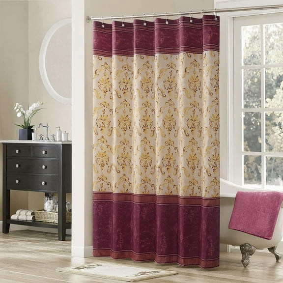 Royal Scroll Modern Red Waterproof Fabric Burgundy Paisley Rich Gold Printed Cloth Yellow Damask Farmhouse Classic Shower Curtain for Bathroom,72" W x 72" L