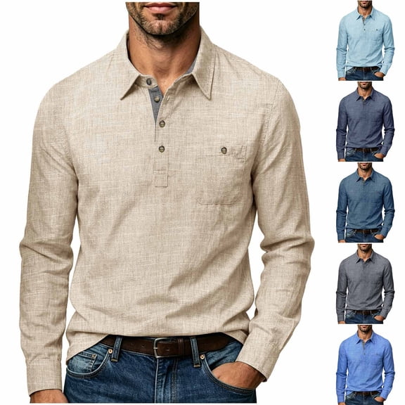 akafmk Mens Long Sleeve Shirts Button Front Collared Shirt with Pocket Linen-Like Breathable Fall Tops, Size L