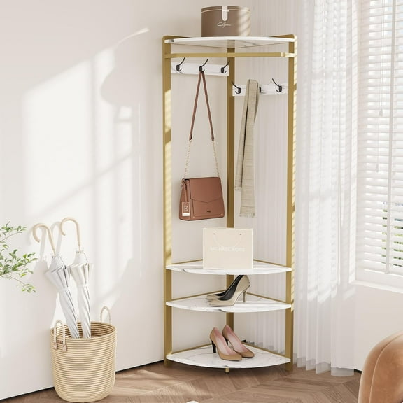 EastVita Corner Coat Rack with Shoe Bench Entryway, Corner Hall Tree with 6 Double Hooks, Corner Clothes Rack with Storage Organizer Shoe Bench Shelf