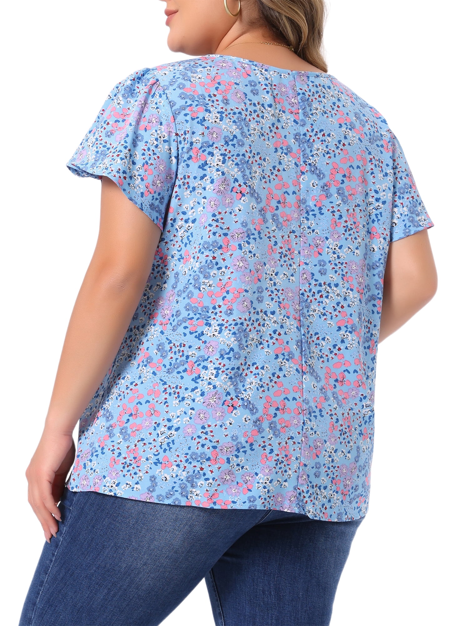 DARING DIVA Women's Plus Floral  Crew Neck Blouse Summer Crew Neck Shirt 3X Blue
