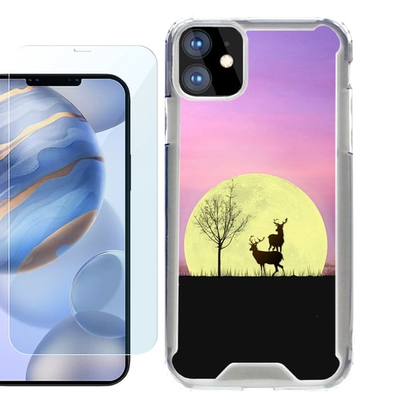 For Apple iPhone 12 Case, iPhone 12 Pro Case, Hybrid Bumper Phone case, with Tempered Glass Screen Protector, by OneToughShield ® - Moonlight Deer