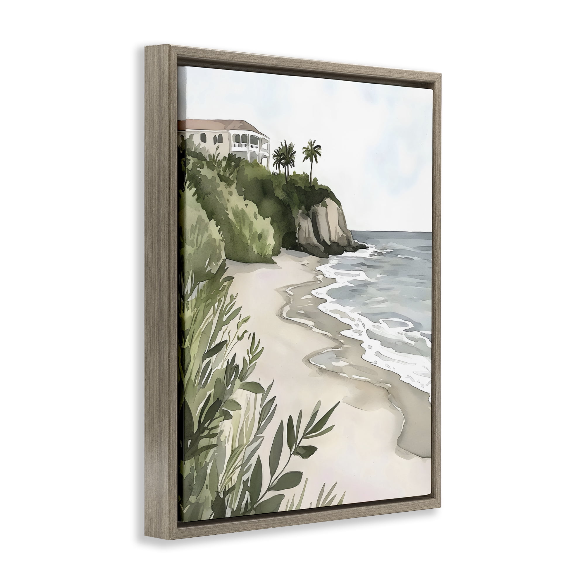 Stupell Industries Coastal Calm Villa on Bluff Brown Framed Floater Canvas Wall Art, design by Riley B