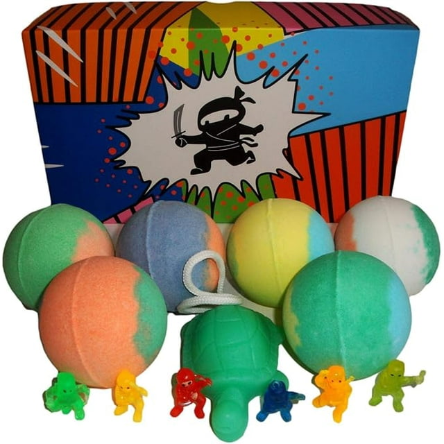 KIDS BATH BOMBS WITH A SURPRISE NINJA TOY INSIDE & TURTLE SOAP ON THE ROPE Colored XL Bath Bombs
