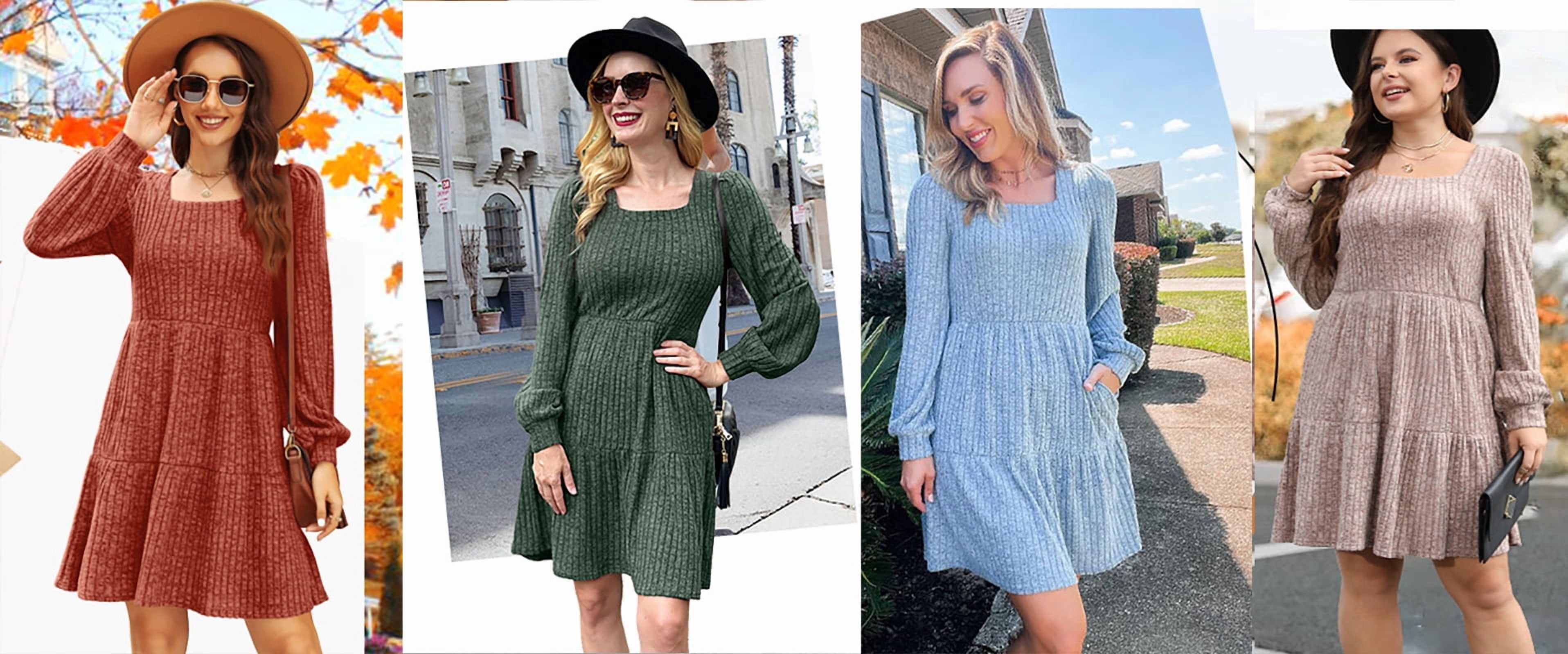 Fantaslook Fall Dresses for Women Square Neck Long Sleeve Dresses Casual Babydoll Sweater Dress