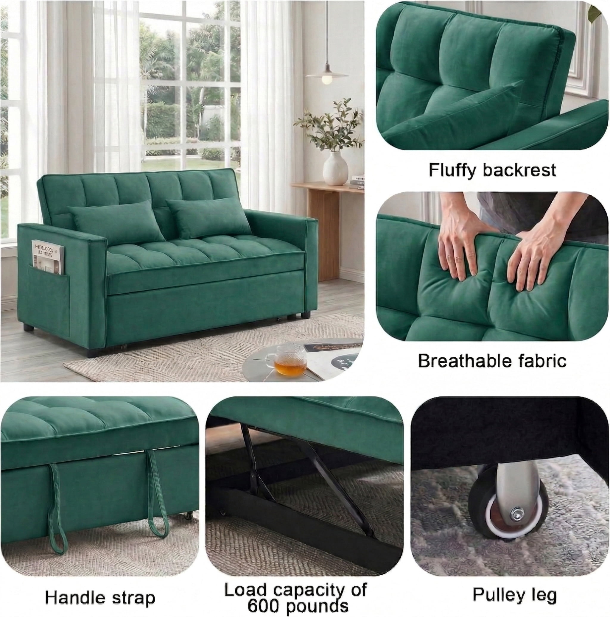 Avobird 3-in-1 Velvet Convertible Sleeper Sofa, Pull Out Couch Bed with Adjustable Backrest & Storage, Green