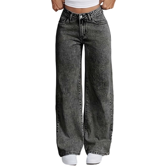 Shadoumai High Waisted Flared Denim Pants For Teen Girls With Embroidered Back Pockets And Snowflake Wash Distressed Wide Leg Design Comfortable Stretch Jeans
