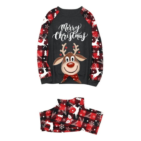 

Christmas Gifts Parent Child Christmas Deer Print Parent Child Plaid Long Sleeved Trousers Pajamas Homewear Three Piece Suit Set (MAM) Polyester Red