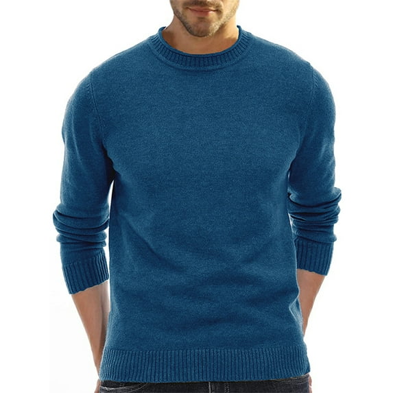 Grianlook Men Casual Solid Color Jumper Tops Crew Neck Knit Pullover Long Sleeve Knitted Sweaters Navy Blue 2XL