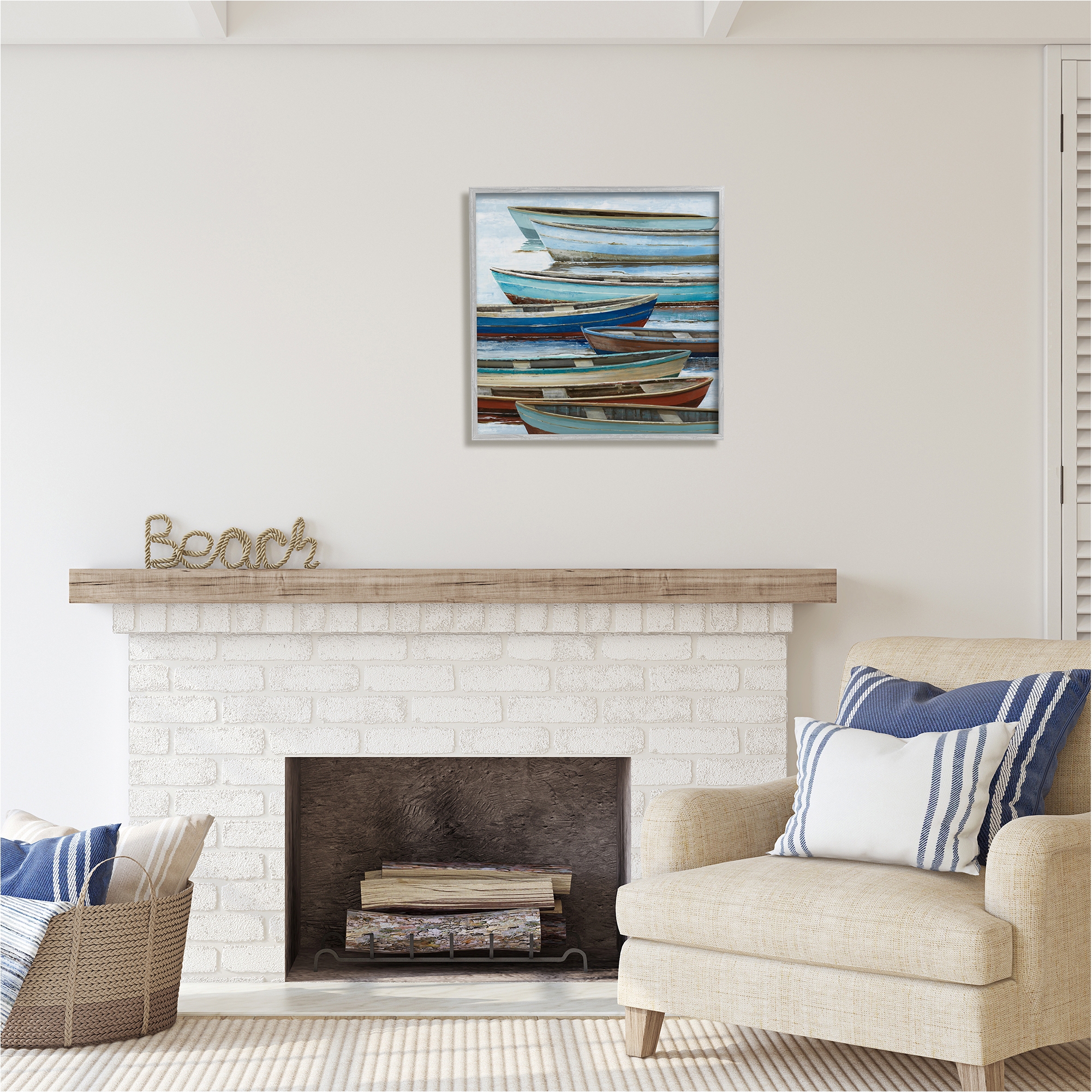 Stupell Industries Rustic Canoes on Lake Transportation Painting Gray Framed Art Print Wall Art, 24 x 24